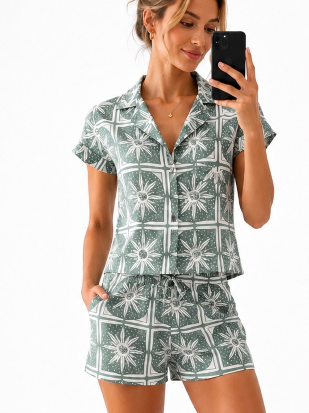 6L.New Green Tile-Print Short  2 PC  Set rayon